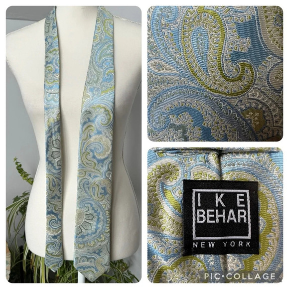 Ike Behar Pastel Blue Green Off-white Paisley Silk USA Made Necktie - Picture 1 of 6
